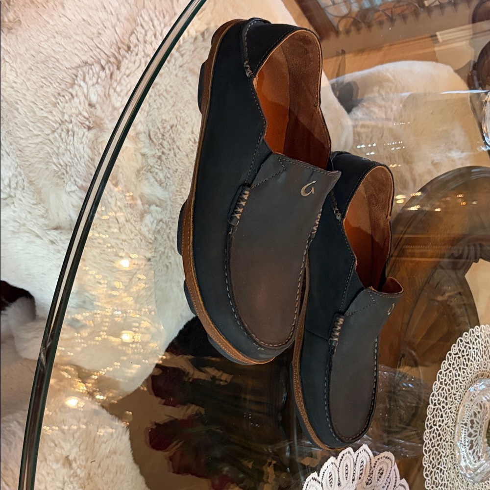 Olukai Men's Leather Slip-On Derby in Black with Brown Trim